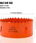Side view of orange 3-1/4 inch bi-metal hole saw with arbor; visible cutting teeth.