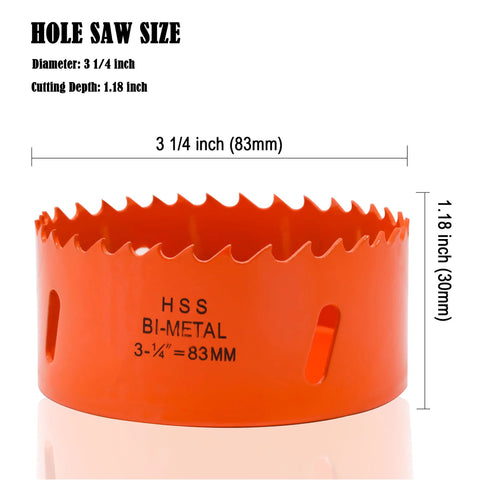 Side view of orange 3-1/4 inch bi-metal hole saw with arbor; visible cutting teeth.