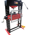 Heavy Hitting 75 Ton Air Hydraulic Shop Press With Precise Pressure Gauge, showing red and black cylinder and adjustable height features.