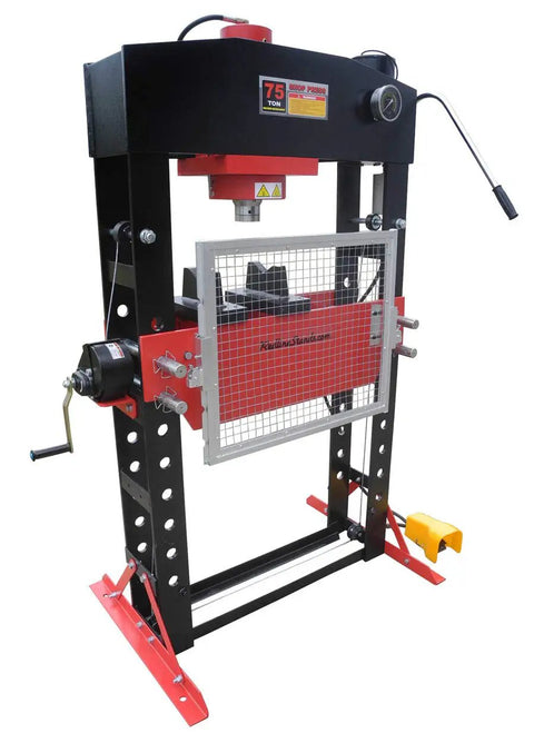 Heavy Hitting 75 Ton Air Hydraulic Shop Press With Precise Pressure Gauge, showing red and black cylinder and adjustable height features.