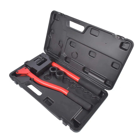 Manual Lever Sheet Metal Hole Punch Kit 20 Gauge With Dies 7/8 Inch 1-1/8 Inch And 1-11/32 Inch in black carrying case
