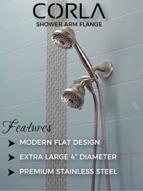 Big 4 Inch Shower Arm Flange Chrome Heavy Duty Stainless Steel Escutcheon Cover Plate for Gap Coverage and Wall Repair shown in use