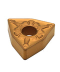 Top view of carbide turning insert (triangular) with central hole, gold TiN coating, WNMG080408 for steel.