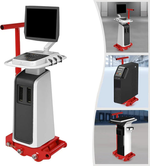 Heavy Duty Machine Skates With 360 Swivel PU Rollers For Industrial Machinery Moving Carbon Steel Base Handles 4409 Pounds on a mobile cart.