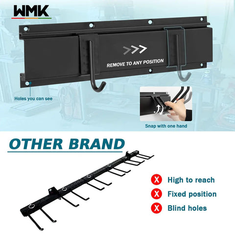 Comparison of Heavy Duty Garage Tool Organizer Wall Mount 11 Piece Set with adjustable hooks and competitor's fixed rack