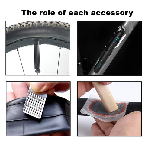 Components of Grab-and-Go Bike Repair Kit With Blue Mini Tire Pump and 11-In-1 Tool, Portable Patch Kit in action