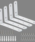 Pack of 4 Heavy Duty L Shelf Brackets Stainless Steel 5x3 Inch with screws, white finish, for wood shelving installation.