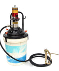 Heavy Duty Pneumatic Grease Gun Featuring 50 To 1 Pressure with 13 foot hose attached to white bucket for lubrication.