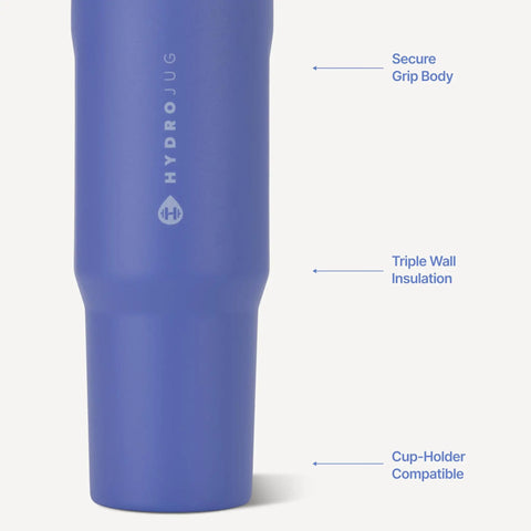 32 Oz Insulated Double Wall Stainless Steel Water Bottle With Sturdy Grip Handle Berry Pop Colorway side view featuring secure grip body.