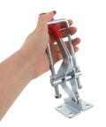 Super Tough Two Pack Heavy Duty Toggle Latch Clamps With Galvanized Iron Build And Massive 2183 Pound Holding Power For Your Work Jigs Or Chest Drawers, held in hand.