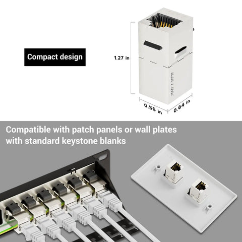 10Gbps Cat7 Shielded RJ45 Keystone Coupler Pack, installed in patch panel, showing compact design and dimensions, suitable for structured cabling