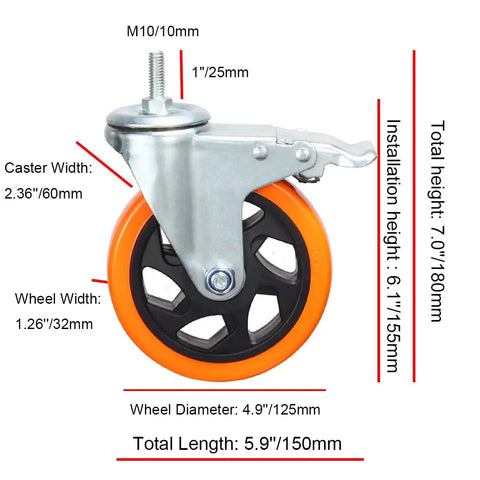 Tough As Nails Heavy Duty Stem Casters Featuring Super Smooth Silent Glide And Tight Dual Locking Brake Setup For Workbenches Dollies And Shop Projects Pack Of Four Pieces close-up of orange wheel and metal frame dimensions