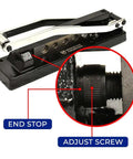 Beefy Heavy Duty Hose Crimper With Five Die Set showing end stop and adjust screw on cast iron body with heat treated dies.