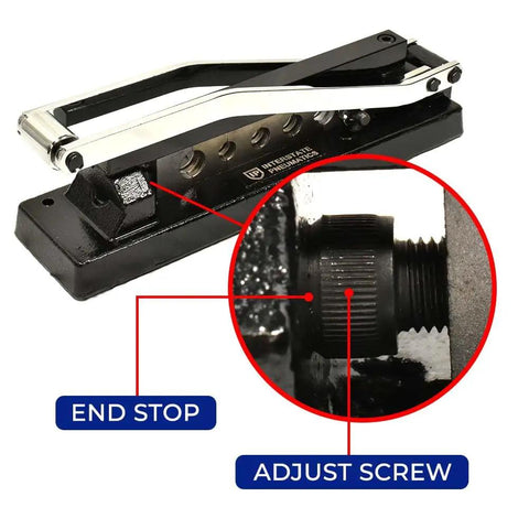 Beefy Heavy Duty Hose Crimper With Five Die Set showing end stop and adjust screw on cast iron body with heat treated dies.