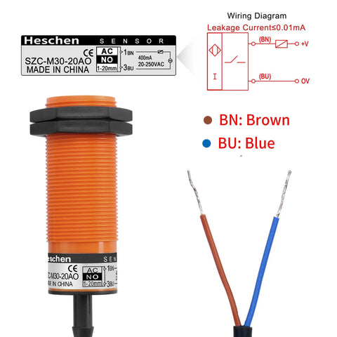 Capacitive Proximity Sensor Switch For Pros, 20mm Detect Range, 20 To 250 VAC, 400mA Output, Normally Open, 30mm mount, wires visible
