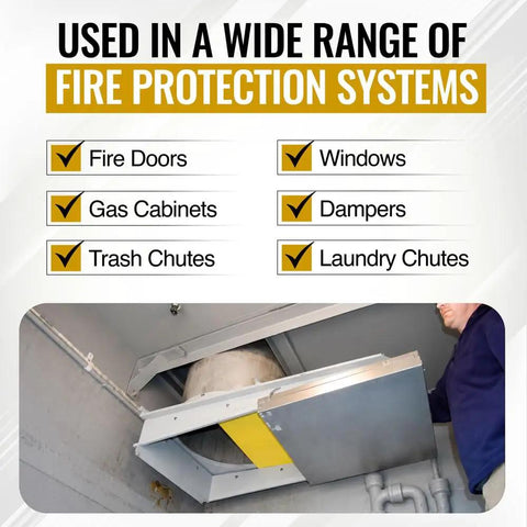 Heavy Duty 360 Degree Fusible Link For Fire Doors And Dampers Holds Back 3 To 20 Pounds With Stainless Steel Snap Hooks shown in use in fire protection systems.