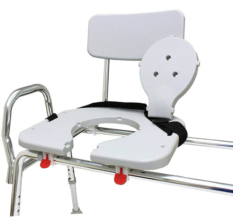 Sliding Transfer Bench With Replaceable Cutout Seat, Heavy Duty Shower Chair For Bath Safety, sturdy metal frame, close-up view
