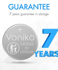 CR2032 3V Lithium Button Cell Batteries 6 Pack with 7 year guarantee, showing detailed battery design and specifications.