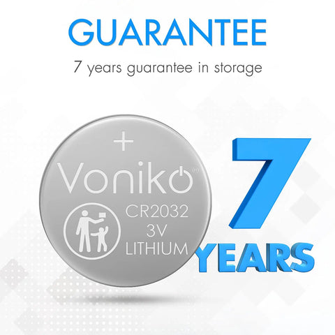 CR2032 3V Lithium Button Cell Batteries 6 Pack with 7 year guarantee, showing detailed battery design and specifications.