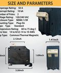 Dimensions and specifications of 50 Amp 2 Pole Molded Case Circuit Breaker Plug In Type for OEM Load Centers 10kA 120 240 Volt