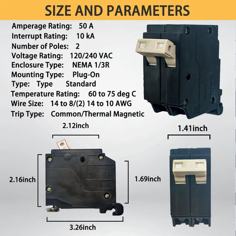 Dimensions and specifications of 50 Amp 2 Pole Molded Case Circuit Breaker Plug In Type for OEM Load Centers 10kA 120 240 Volt