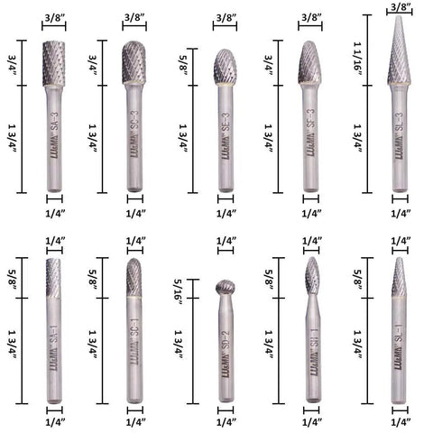 Heavy Duty Tungsten Carbide Die Grinder Burr Set, 10 Piece, One Quarter Inch Shank, Double Cut Rotary Bits For Metalworking, Steel, Wood, Grinding, Carving and Engraving, Industrial Grade Durability For Pro Shops