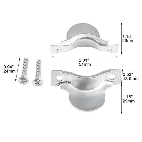 4 Pack Strain Relief Clamp Kit For Dryer Cords That Secures Electrical Connections And Prevents Pulling Sideways Movement And Stretching Damage Beefy Heavy Duty Rust Resistant Steel Two Piece Clamp Set with screws shown with measurements.