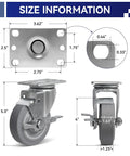 4 Inch Heavy Duty Industrial Caster Wheels Set Of 4 Non Marking Rubber Tread Smooth Action Heavy Hitter Build dimensions and size information chart.