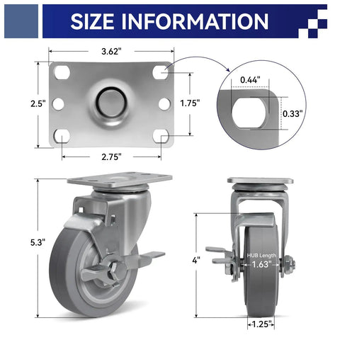 4 Inch Heavy Duty Industrial Caster Wheels Set Of 4 Non Marking Rubber Tread Smooth Action Heavy Hitter Build dimensions and size information chart.