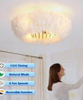 20" Feather Decor Flush Mount Ceiling Fan with Remote showing soft white feather design and remote control operation.