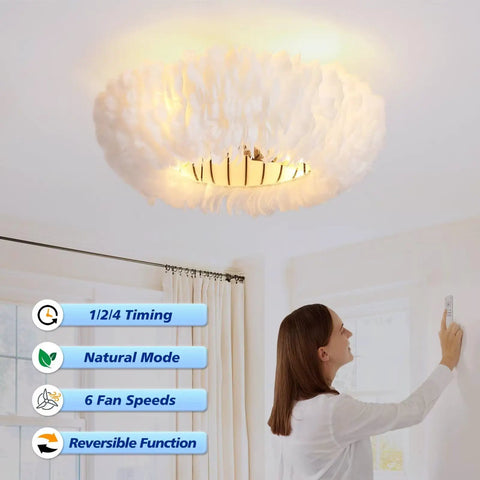 20" Feather Decor Flush Mount Ceiling Fan with Remote showing soft white feather design and remote control operation.