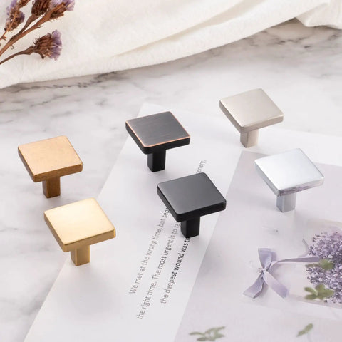 10 Pack 1-1/8 Inch Square Brushed Gold Cabinet Knobs And Pulls Set For Cabinets And Drawers Heavy Duty Solid Metal Hardware displayed