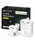 Smart In Wall Relay Switch No Neutral Required Works With HomeKit 2.4GHz WiFi Light Switch For Retrofit Homes No Hub Needed Siri Shortcuts Apple Home App Compatible, packaging and components