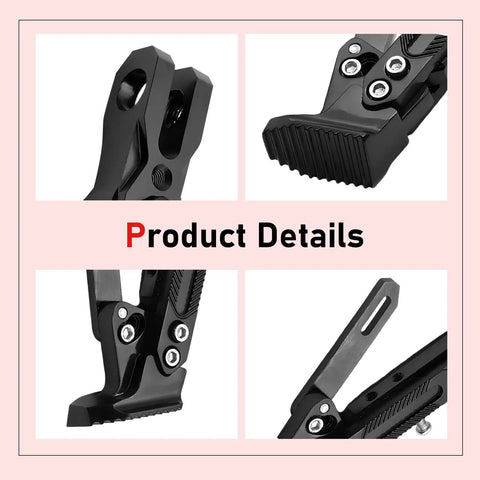 Adjustable Aluminum Triangle Motorcycle Kickstand, Heavy Duty Side Stand for Motorcycle, Scooter, and Dirt Bike, Universal Replacement with Non Slip Base, Durable Black Aluminum Alloy product details in four views