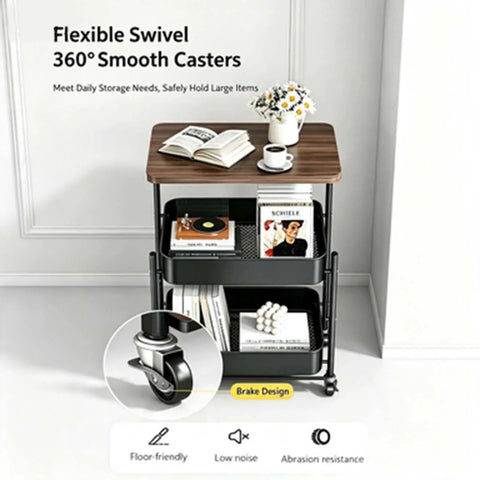 Versatile 2 Tier Rolling Utility Cart With Solid Wood Top And Reinforced Steel Mesh Basket Hella Sturdy Storage Trolley with swivel casters.