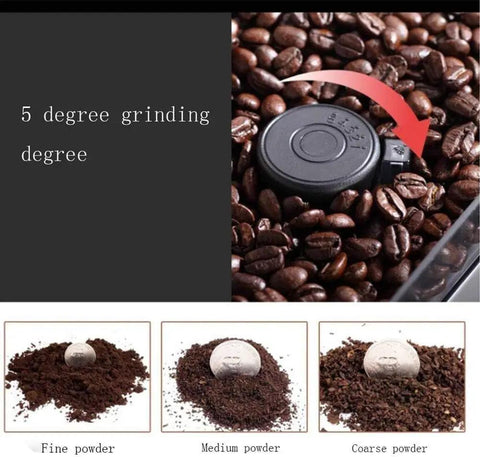 Grinder setting with coffee beans showing 5 degree grinding levels: fine, medium, coarse for One Touch Fully Automatic Espresso Machine