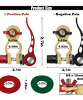 2 Pack Battery Terminal Connectors M8 X 25mm Bolt Quick Release Brass Cable Terminals Clamp Post Connectors With Anti Corrosion Pad For Car Truck Boat showing size and details of connectors.