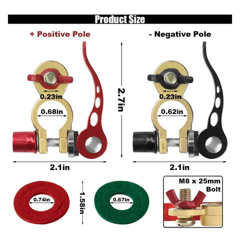 2 Pack Battery Terminal Connectors M8 X 25mm Bolt Quick Release Brass Cable Terminals Clamp Post Connectors With Anti Corrosion Pad For Car Truck Boat showing size and details of connectors.