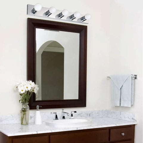 Five Light Vanity Strip Light Dimmable Polished Chrome Fixture For Bathroom And Bedroom Makeup Vanity, installed over mirror
