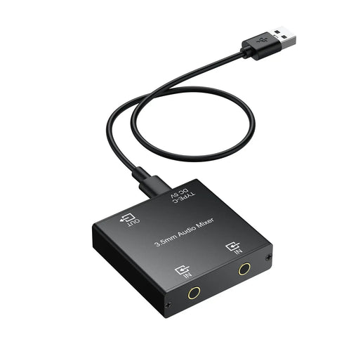Active 2 Channel 3.5mm Audio Mixer For PC Console Phone And MP3 Players, clear sound, USB powered, black with gold connectors.