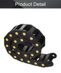 Open Type Drag Chain Cable Carrier With End Connectors 25x57mm Inner Size 1 Meter for electrical CNC routers and machines, black nylon with yellow dots.