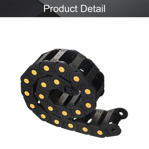 Open Type Drag Chain Cable Carrier With End Connectors 25x57mm Inner Size 1 Meter for electrical CNC routers and machines, black nylon with yellow dots.