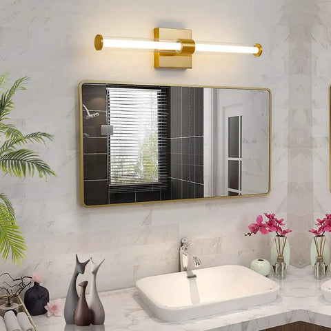 Golden Vanity Light Fixture Over Mirror 360 Degree LED Bath Bar 22 Inch Dimmable 4000K Full Lighting With Glass Accent