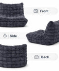 Front, side, and back views of dark grey faux fur memory foam bean bag chair with filler, ultra soft chill fireside lazy sofa for bedroom, living room, office and home, dark grey cozy seating for all rooms and daily lounging.