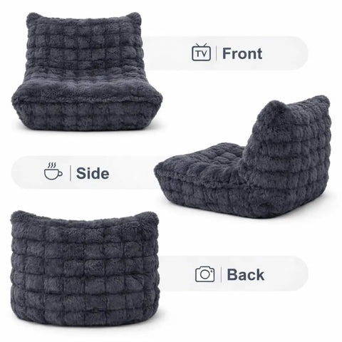 Front, side, and back views of dark grey faux fur memory foam bean bag chair with filler, ultra soft chill fireside lazy sofa for bedroom, living room, office and home, dark grey cozy seating for all rooms and daily lounging.
