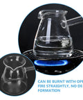 Glass coffee pot on stovetop with visible flame, demonstrating heat resistance and open fire use. Close-up of same pot empty.