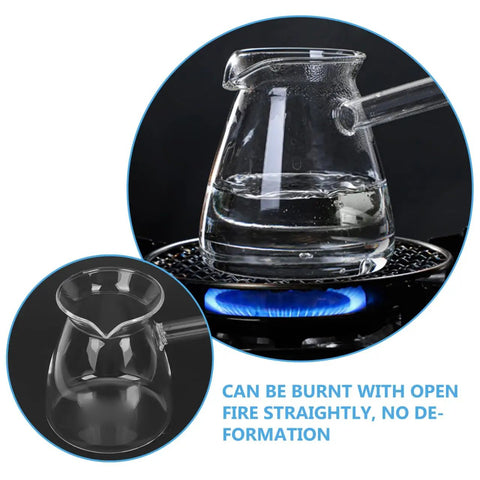 Glass coffee pot on stovetop with visible flame, demonstrating heat resistance and open fire use. Close-up of same pot empty.