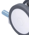 Close-up of a desk chair wheel with M12 threaded stem, medical rubber TPR, focusing on noiseless swivel caster design for smooth gliding.