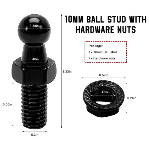 Heavy Duty Ball Stud With Hardware Nuts For Gas Strut Mounts In Cars Trucks And SUVs 10 mm Ball carbon steel black stud with nut sizes shown