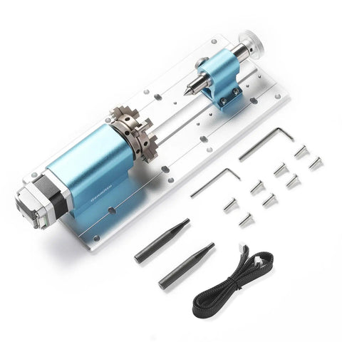 4th Axis Rotary Module Upgrade for 4040 and 3030 CNC Machines with planetary geared stepper motor, 4 jaw chuck, components displayed